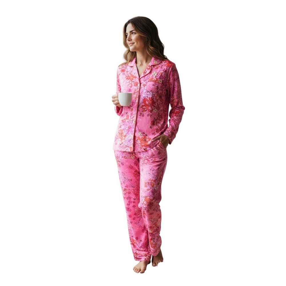Johnny Was Pink Floral Pajama Set XS Long Sleeve Button Up Pants Loungewear